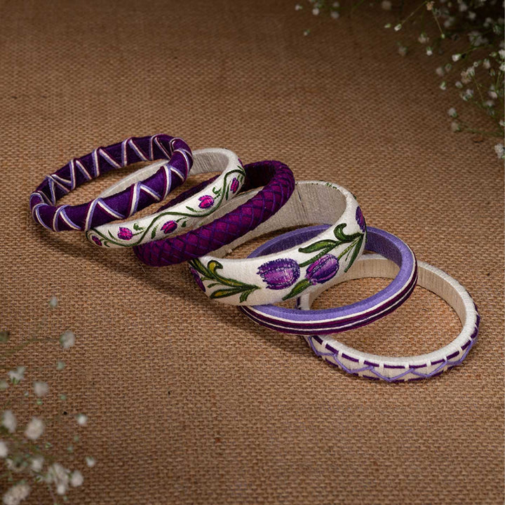 Purple & White Handcrafted Tulip Bangles | Set of 6