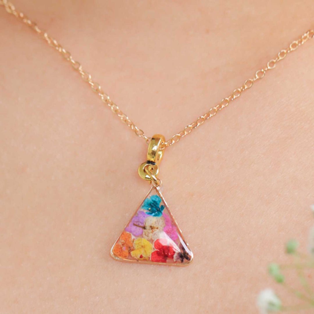Handmade Preserved Flower Meadow Art Deco Brass Necklace