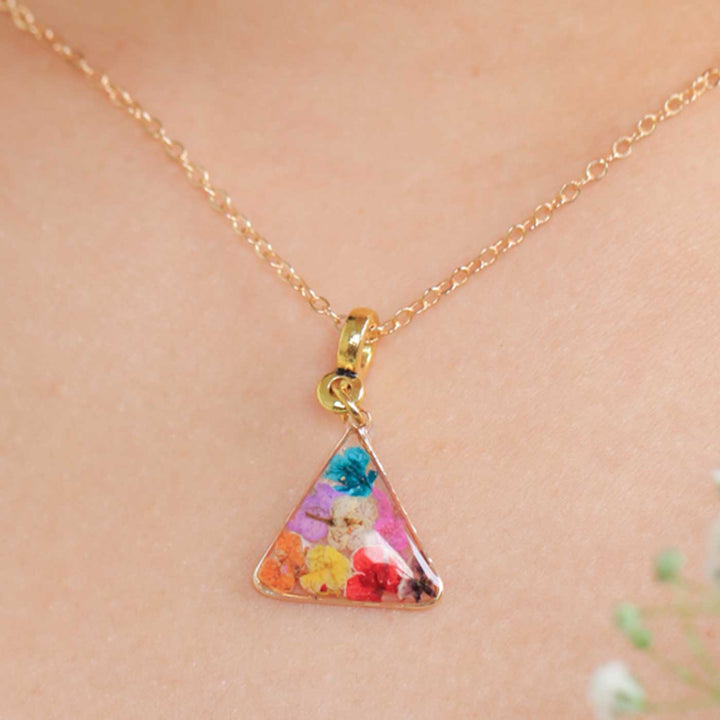 Handmade Preserved Flower Meadow Art Deco Brass Necklace