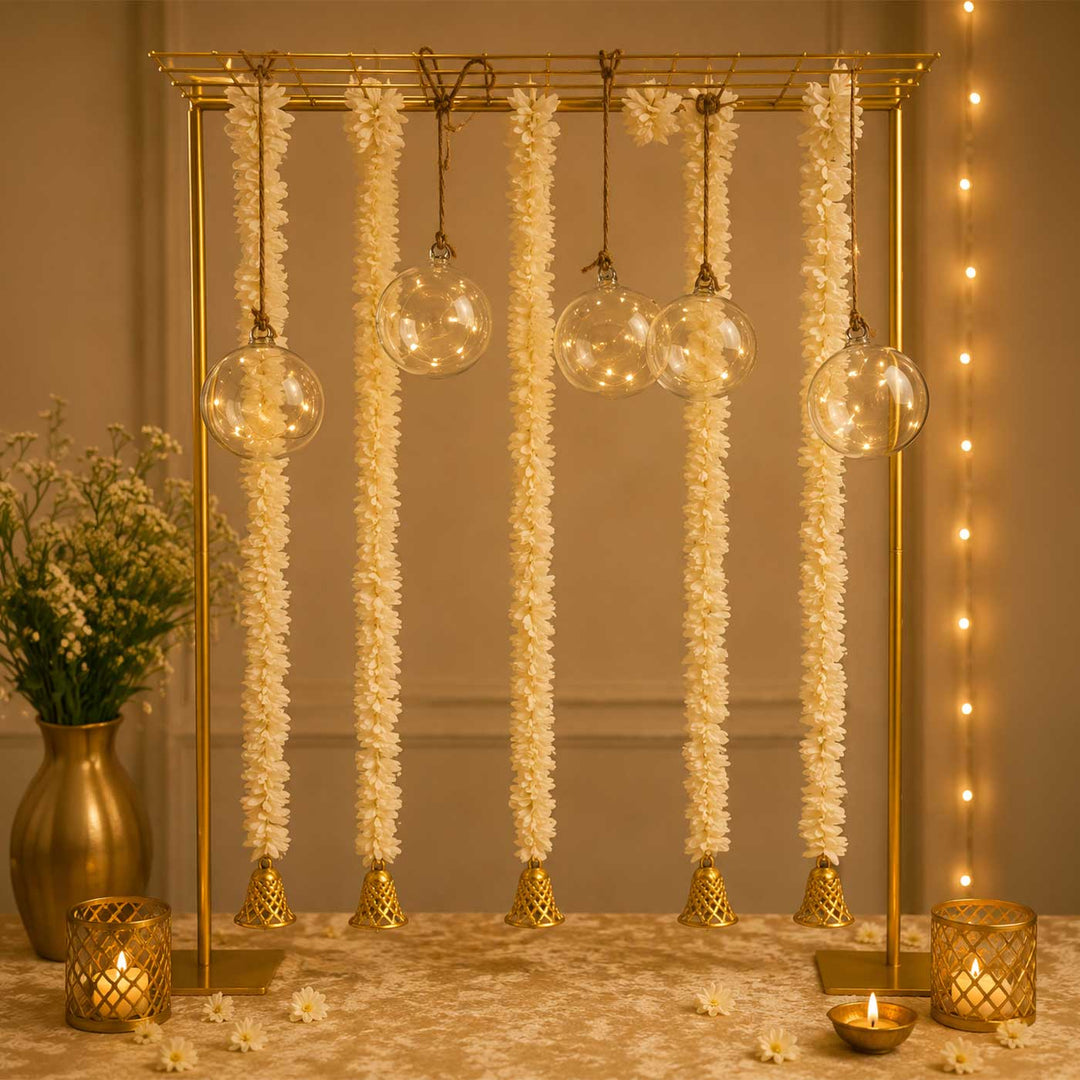 White Tassel Pooja Backdrop Decor Kit With Jaali Stand & Hanging Glass Balls