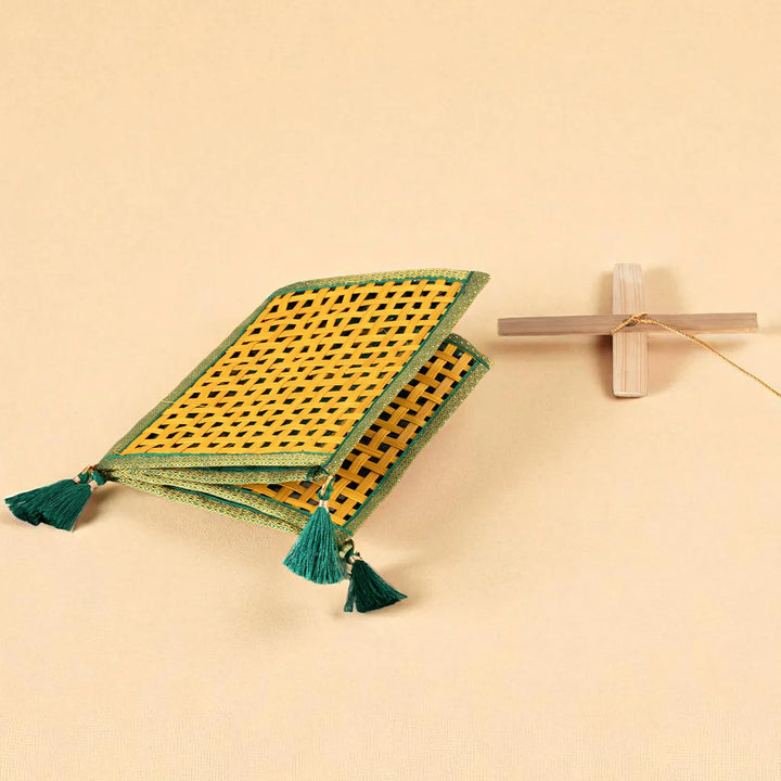 Golden & Green Zari Border Handmade Woven Bamboo Square Hanging Lampshade