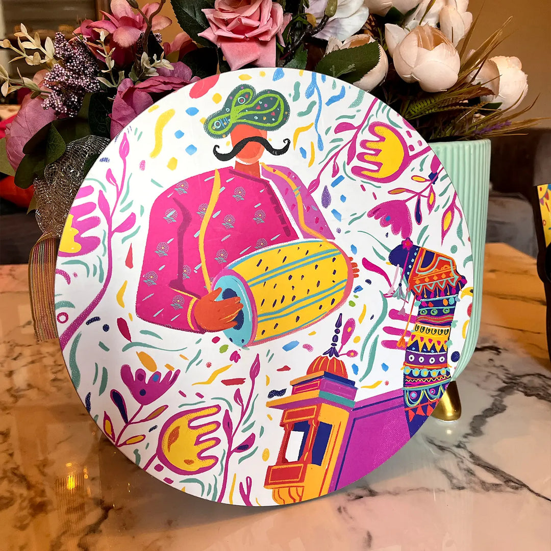 Printed Round Rajasthani Dhol Theme MDF Wood Wall Decor