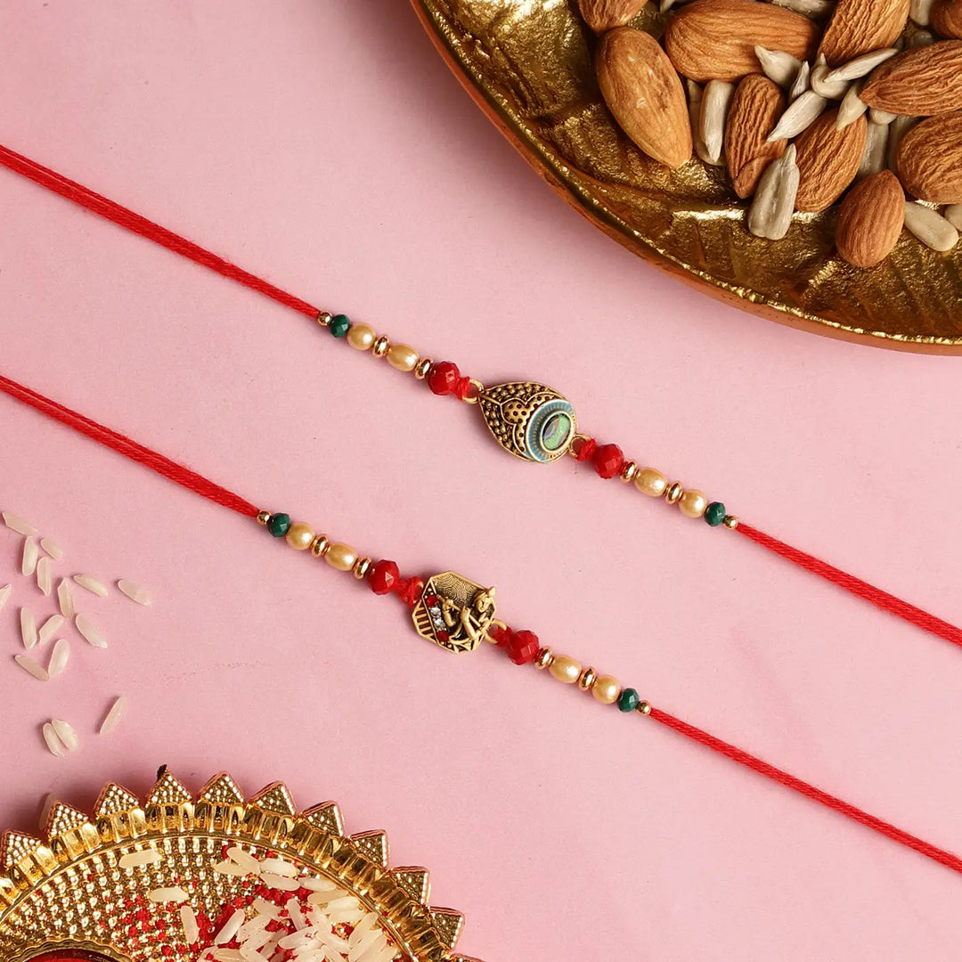 Handmade Krishna Rakhi Hamper | Includes 1 Krishna With Flute Idol, 2 Rakhis, 1 Roli Chawal