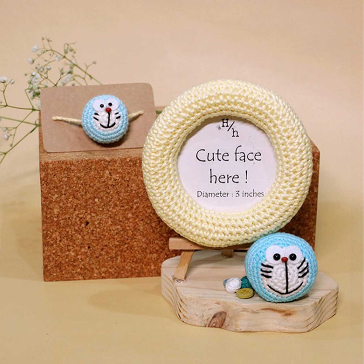 Handmade Crochet Doraemon Kids Photo Frame & Rakhi With Roli Chawal
