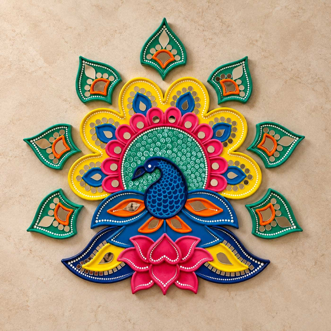8 pc | 12 Inch Reusable Handcrafted Mayur Kamal Peacock Lippan Art MDF Rangoli with Mirror Work Petals