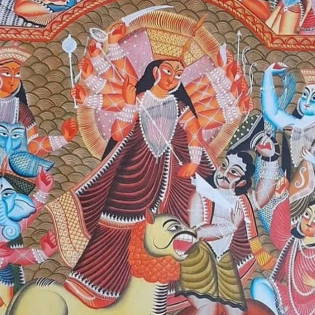 22 x 30 Inch | Mahishasura Mardini Durga With Lion | Original Hand Painted Kalighat Painting | Natural Pigment On Paper