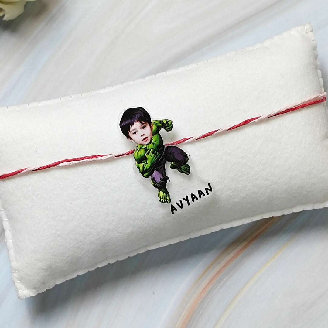Photo Personalized Reusable Caricature Hulk Theme Acrylic Kids Rakhi