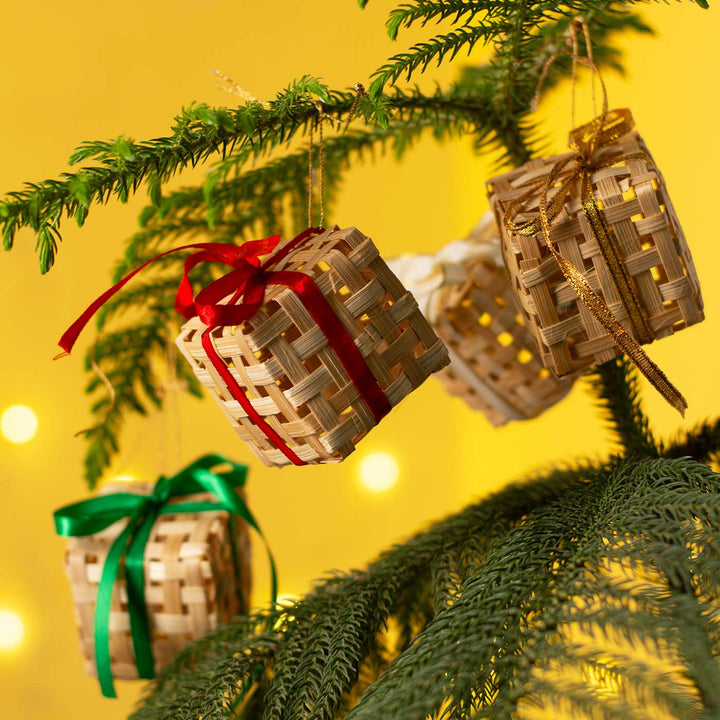5 Pc | Handmade Bamboo Gift Box Hanging Christmas Ornaments | Assorted Colors