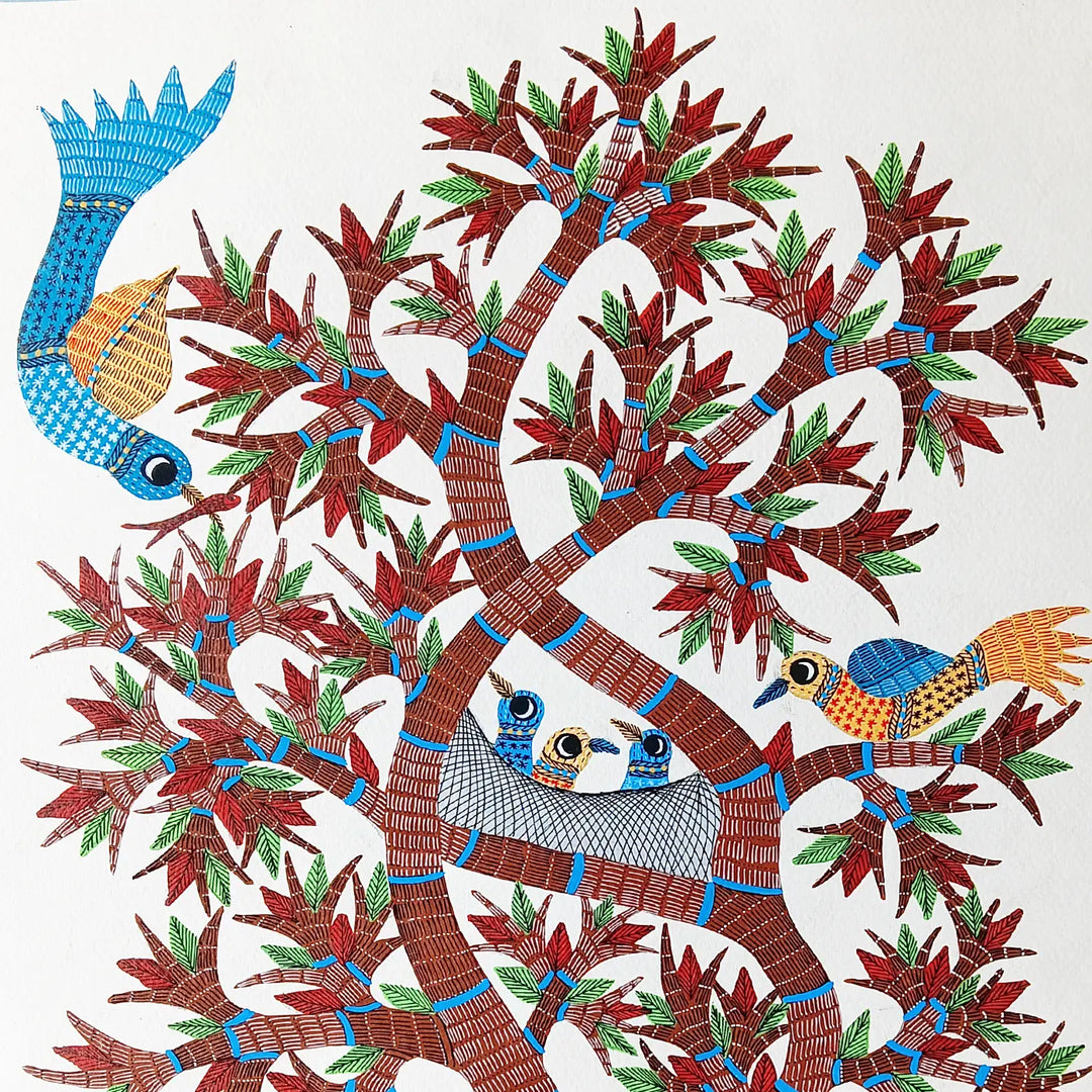15 x 22 Inch | Tree of Life with Birds | Original Hand Painted Tribal Gond Art Painting | Acrylic Paints On Paper