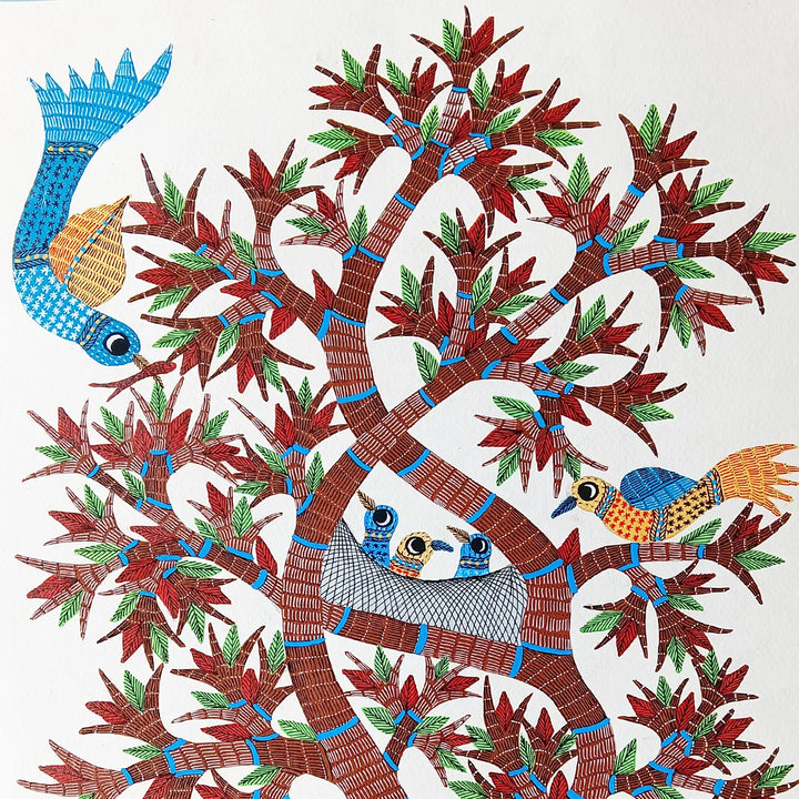 15 x 22 Inch | Tree of Life with Birds | Original Hand Painted Tribal Gond Art Painting | Acrylic Paints On Paper