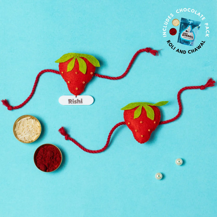 Personalized Handmade Strawberry Theme Felt Kids Rakhi With Chocolates & Roli Chawal