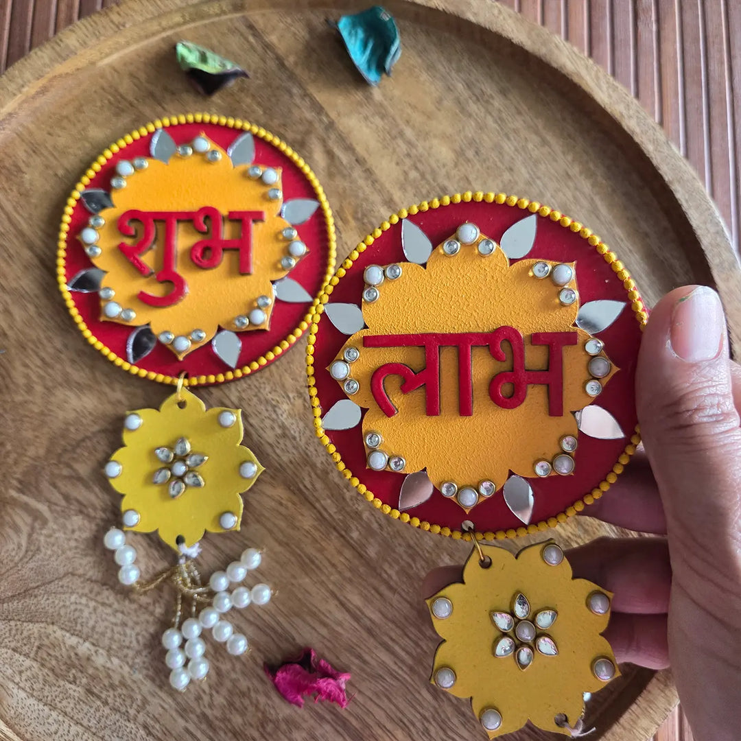 Hand-Painted Mirror Work & Moti Floral MDF Wood Shubh Labh Hangings | Set Of 2