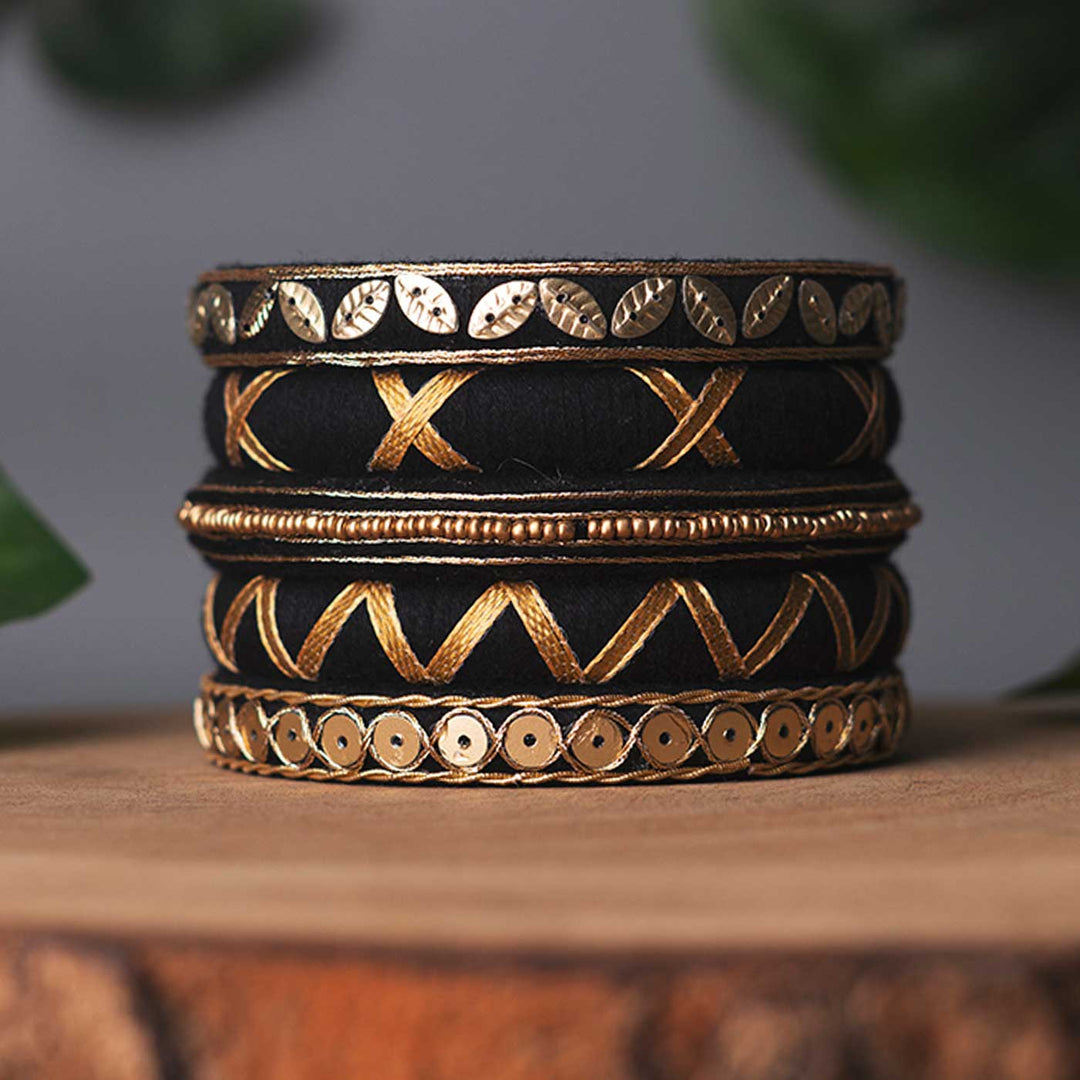 Black & Gold Handcrafted Delicate Zardosi Bangles | Set of 5