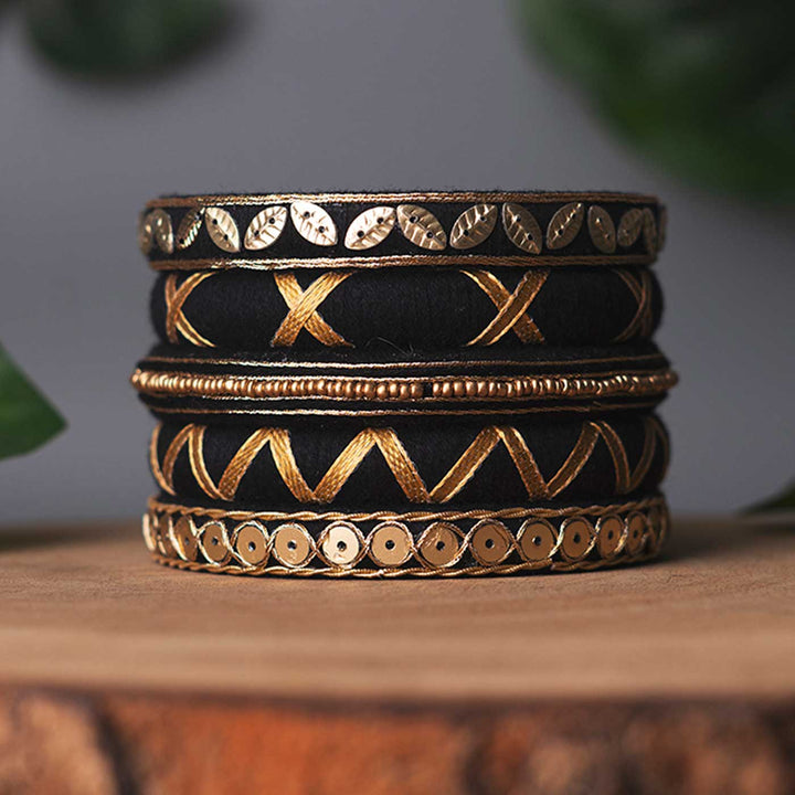 Black & Gold Handcrafted Delicate Zardosi Bangles | Set of 5