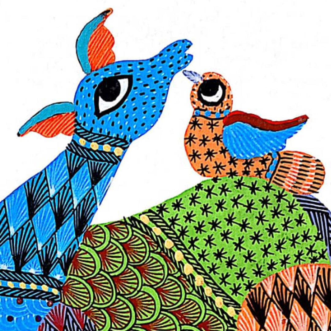 6 x 8 Inch | Deer & Birds | Original Hand painted Tribal Gond Art Painting | Acrylic Paints On Paper