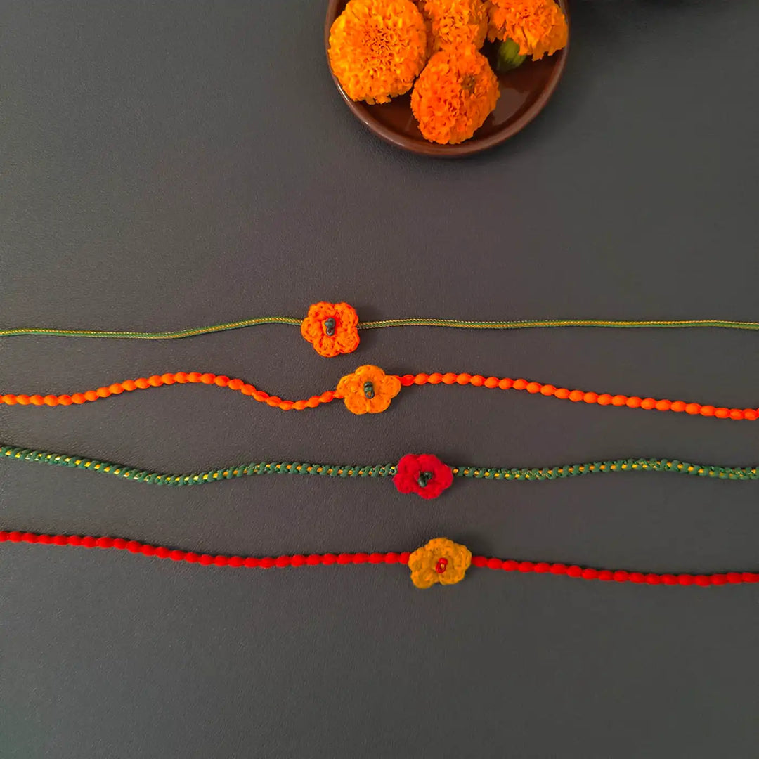 Handmade Crochet Flower Rakhi With Roli Chawal