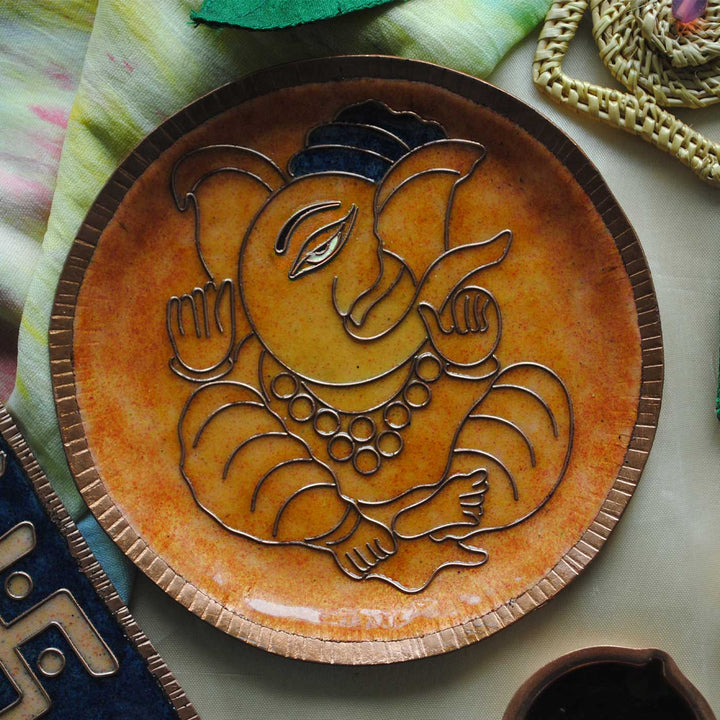 Handmade Ganesha Ekdanta Theme Copper Wall Plate