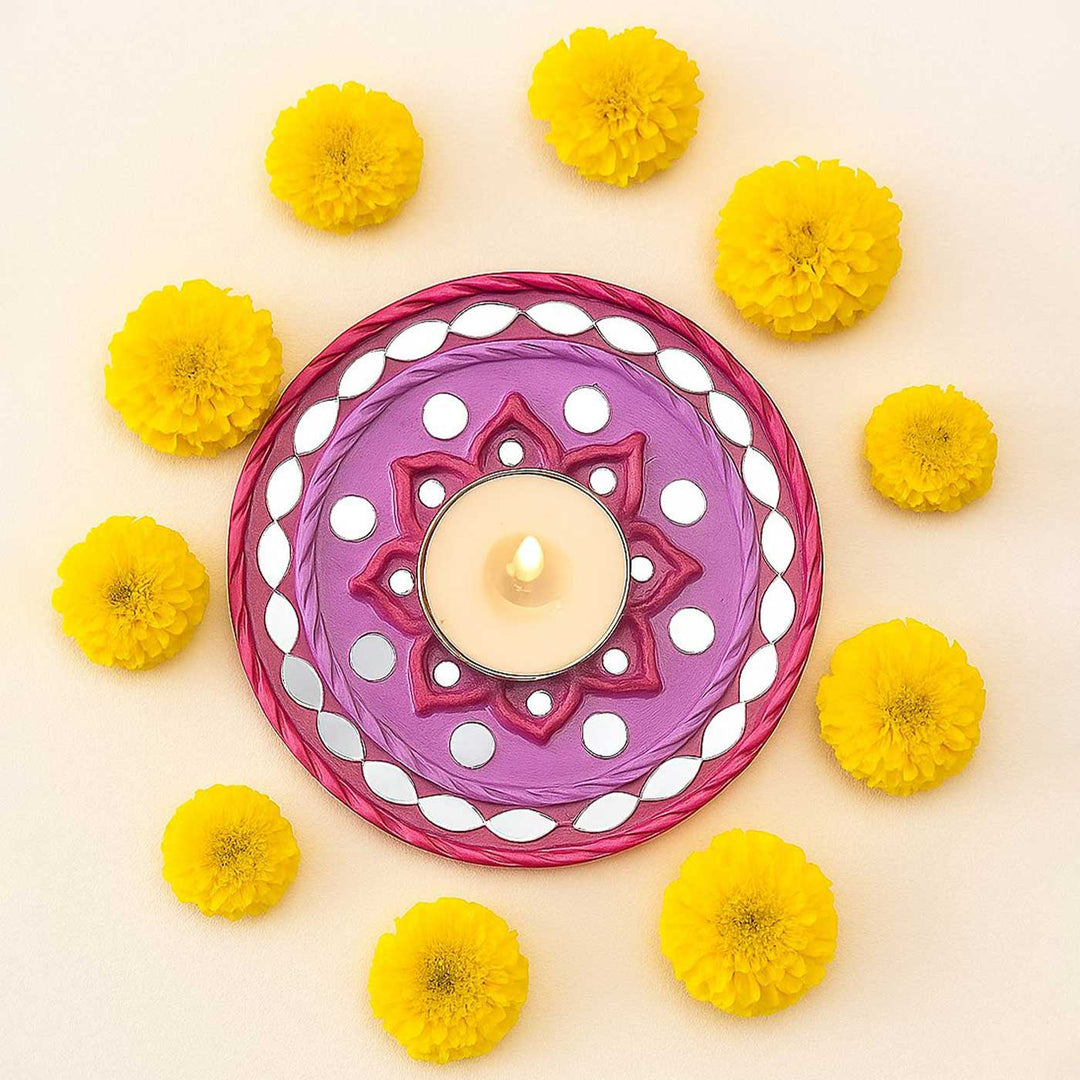 Handmade Mirror Work Lippan Manjari Clay Tealight Holder