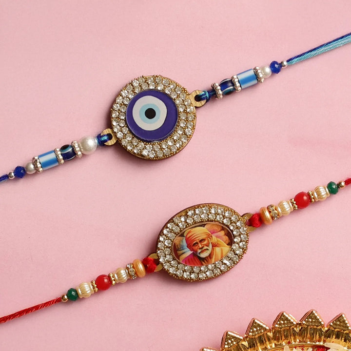 Handmade Saibaba & Evil Eye Rakhi With Roli Chawal | Set Of 2