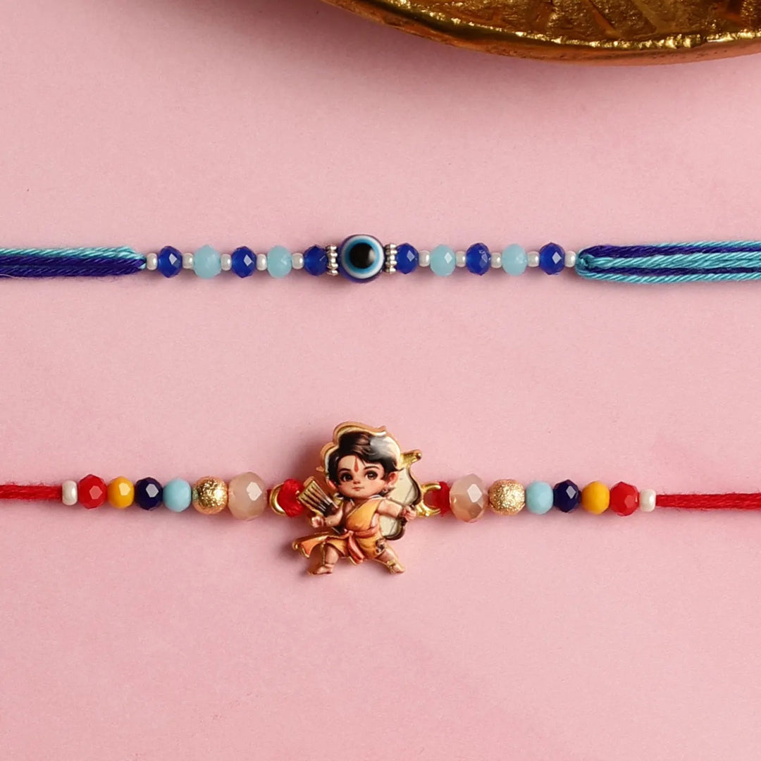 Handmade Shri Ram & Evil Eye Kids Rakhi With Roli Chawal | Set Of 2