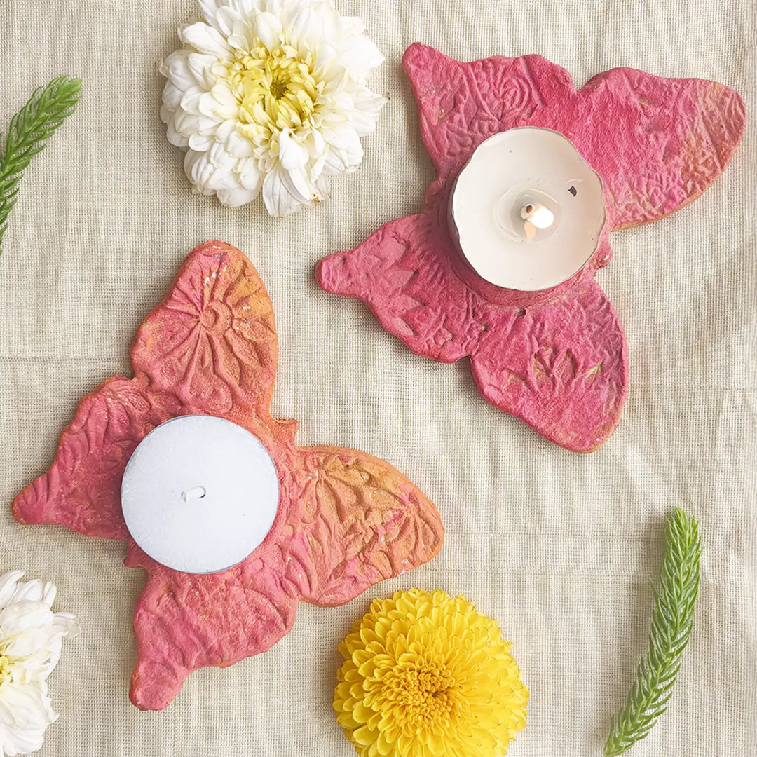 Eco-Friendly Hand-painted Butterfly Tealight Holder | Set Of 2