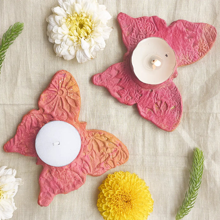 Eco-Friendly Hand-painted Butterfly Tealight Holder | Set Of 2