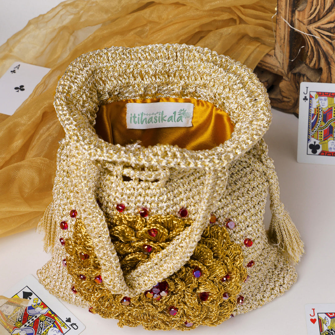 Handmade Crochet Golden Floral Embellished Potli