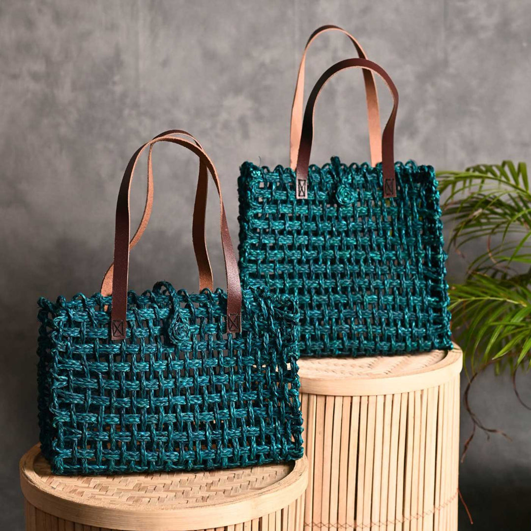 Handmade Grass Woven Leather Strap Box Shaped Sabai Mesh Tote Bag