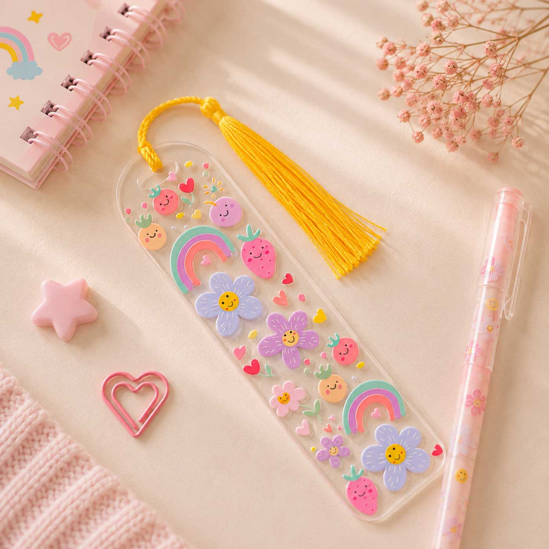 Rainbow & Flowers Theme Handmade Acrylic Bookmark With Tassel For Book Lovers