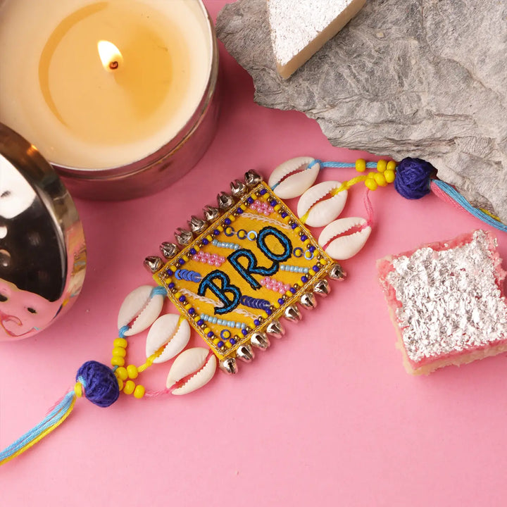 Handmade Embroidered "Bro" Rakhi With Roli Chawal