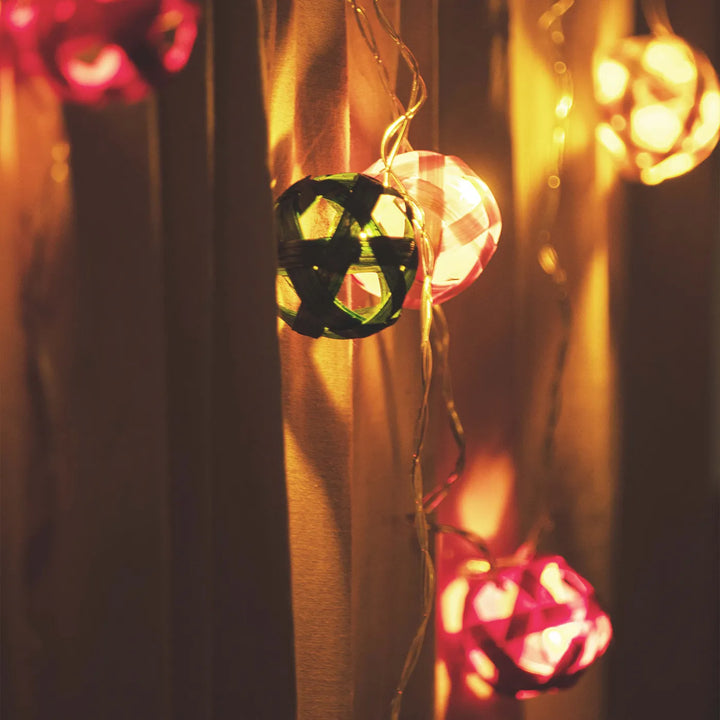 3m, 10 Bulbs | Multicoloured Star Full Moon Eco-Friendly Handmade Woven Bamboo LED Fairy Light