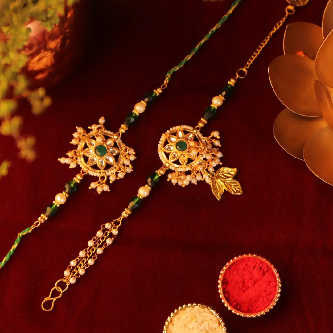 Handmade Green Kundan Bhaiya Bhabhi Rakhi With Roli Chawal | Set Of 2