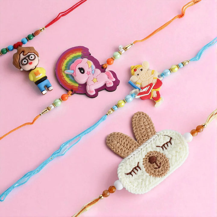 Handmade Unicorn, Bunny, Boy, Ganesh & Krishna Rakhi With Roli Chawal | Set Of 5