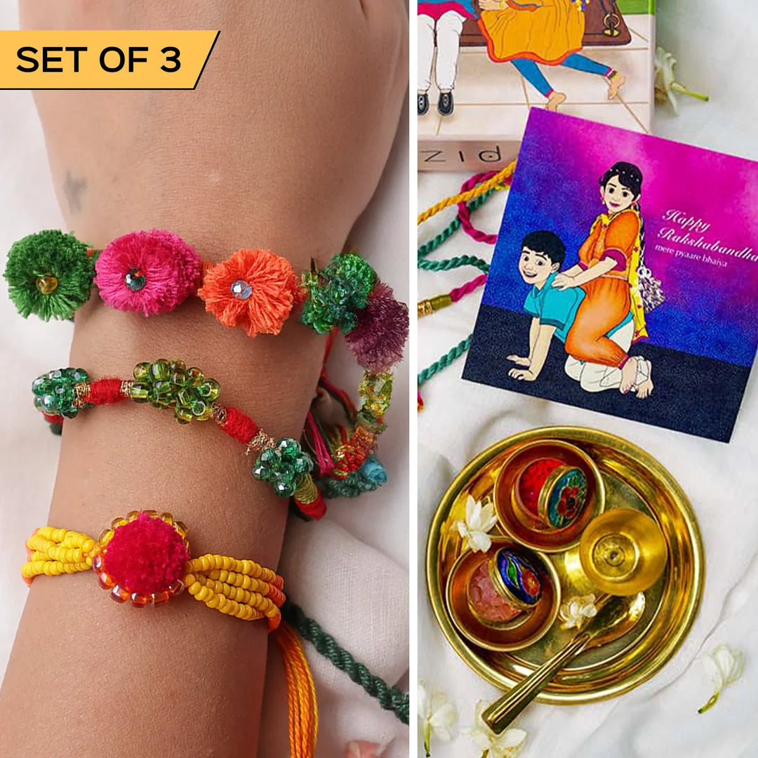 3 pc Rakhi + Brass Thali Set | Premium Gullu Gullu Beads & Pom Pom Rakhi Set with Roli Chawal