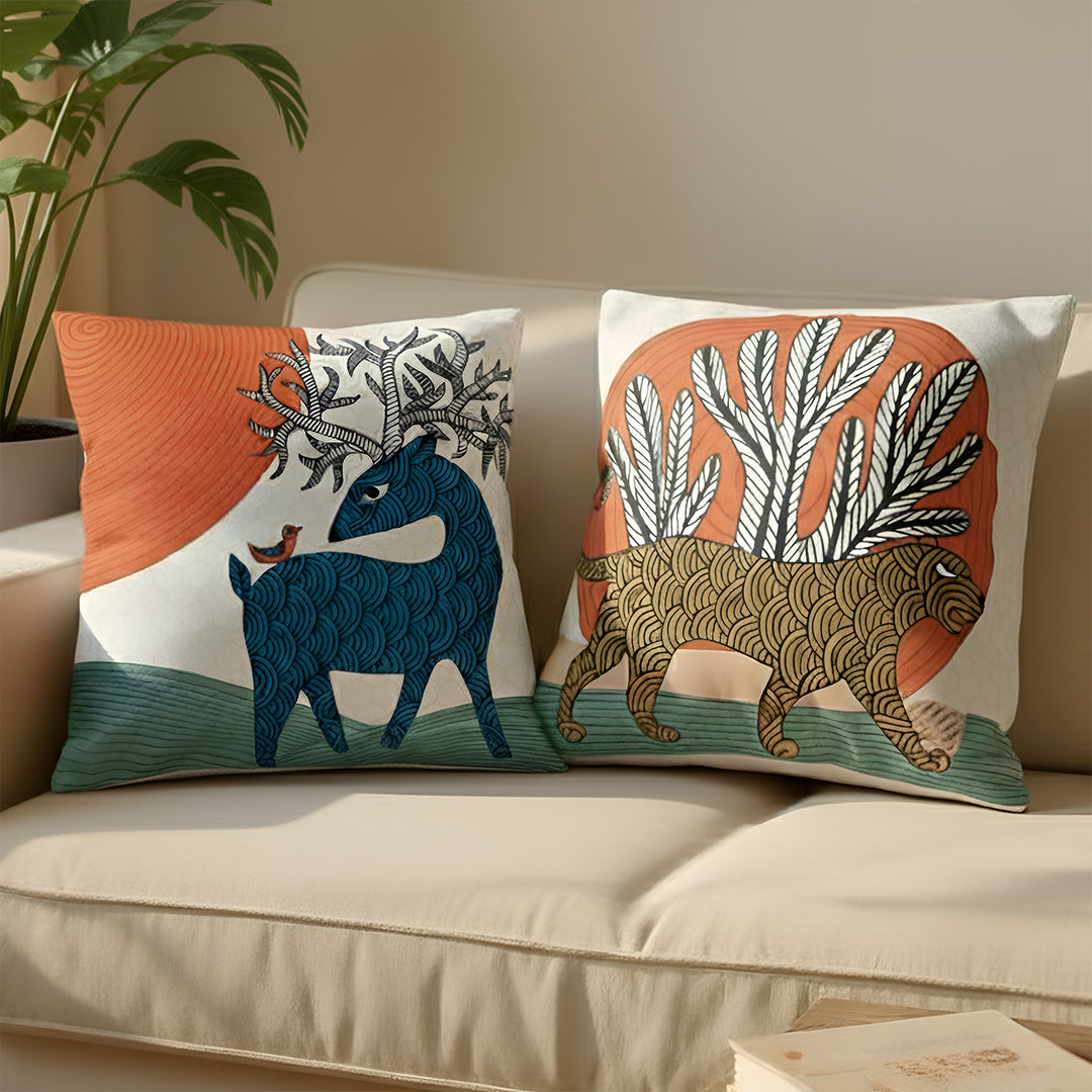 16 Inch | Printed Gond Jungle Delight Cushion Cover