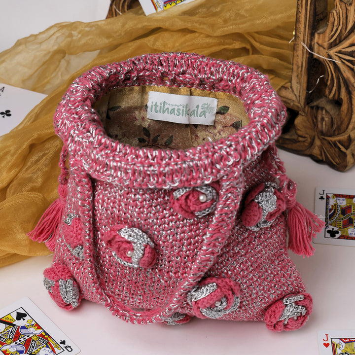 Handmade Crochet Pink & Silver Bloom Potli