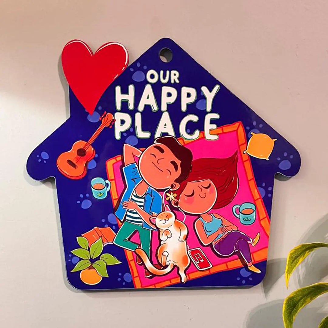 Printed Cat Theme "Our Happy Place" MDF Wood Wall Decor