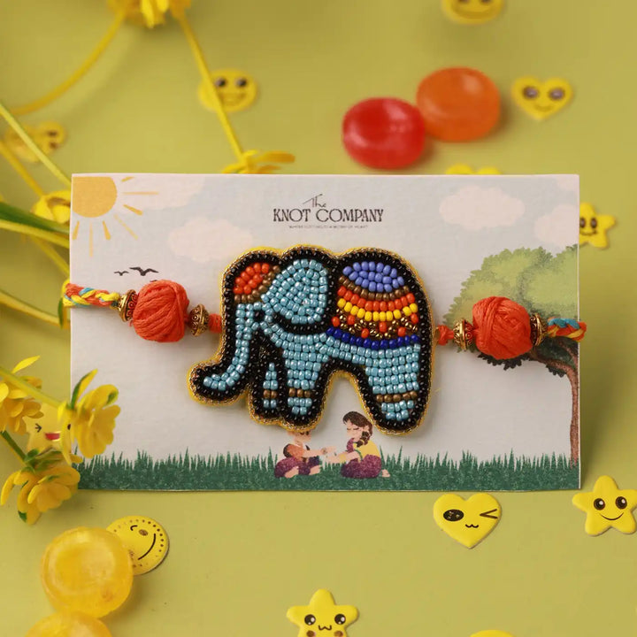 Handmade Beaded Elephant Kids Rakhi With Roli Chawal
