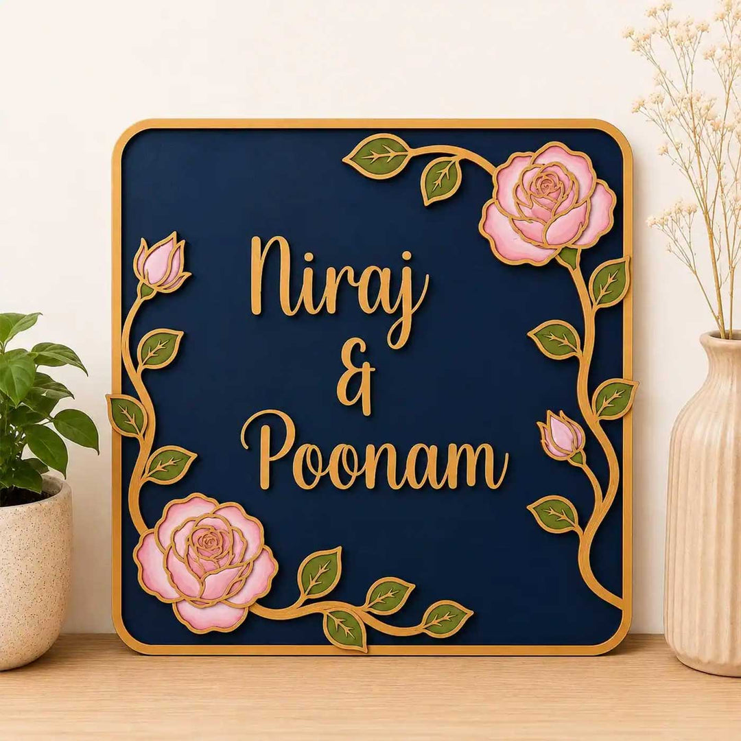 "Blooming Roses" Handcrafted Personalized MDF Wood Name Plate For Home