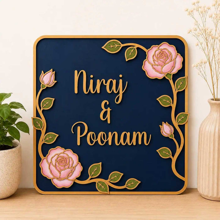 "Blooming Roses" Handcrafted Personalized MDF Wood Name Plate For Home