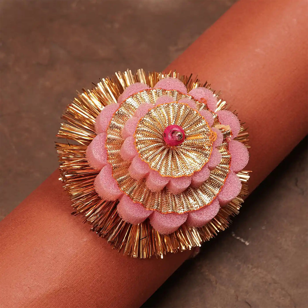 Handmade Layered Pink And Golden Foam Rakhi With Roli Chawal - Worn on Wrist