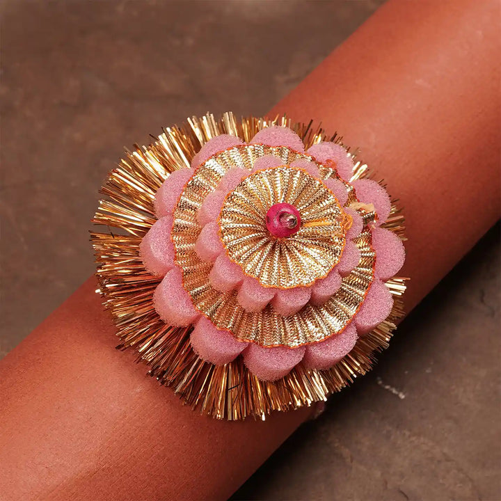 Handmade Layered Pink And Golden Foam Rakhi With Roli Chawal - Worn on Wrist