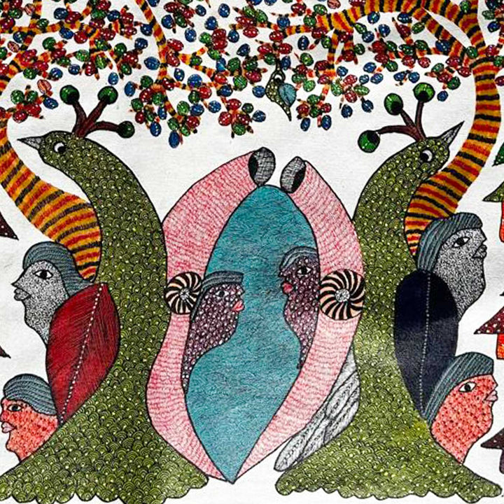 24 x 36 Inch | Guardians of the Village | Original Hand Painted Tribal Gond Art Painting | Acrylic Paints On Paper