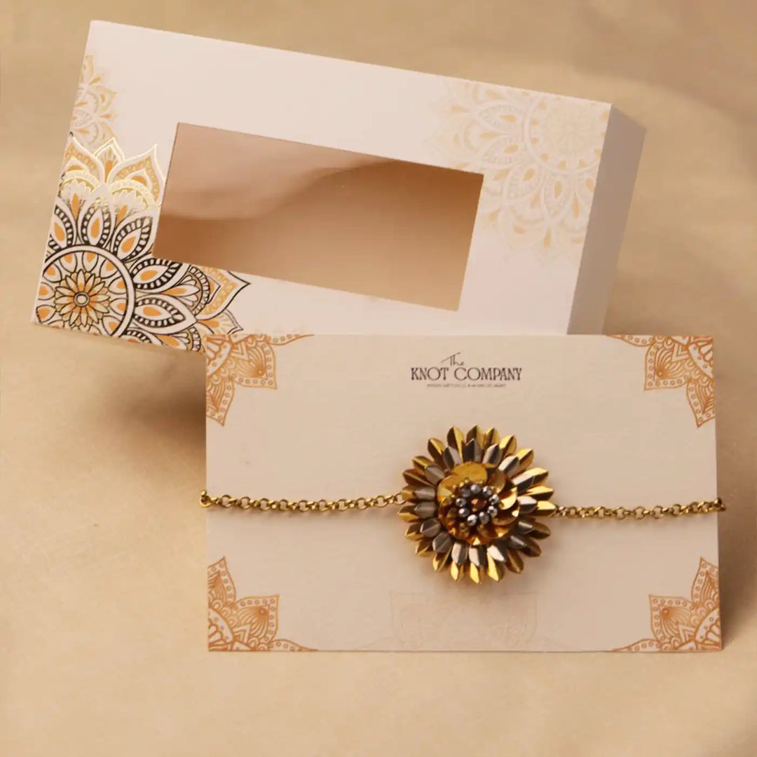 Handmade Blooming Lotus Floral Metal Bracelet Rakhi With Roli Chawal