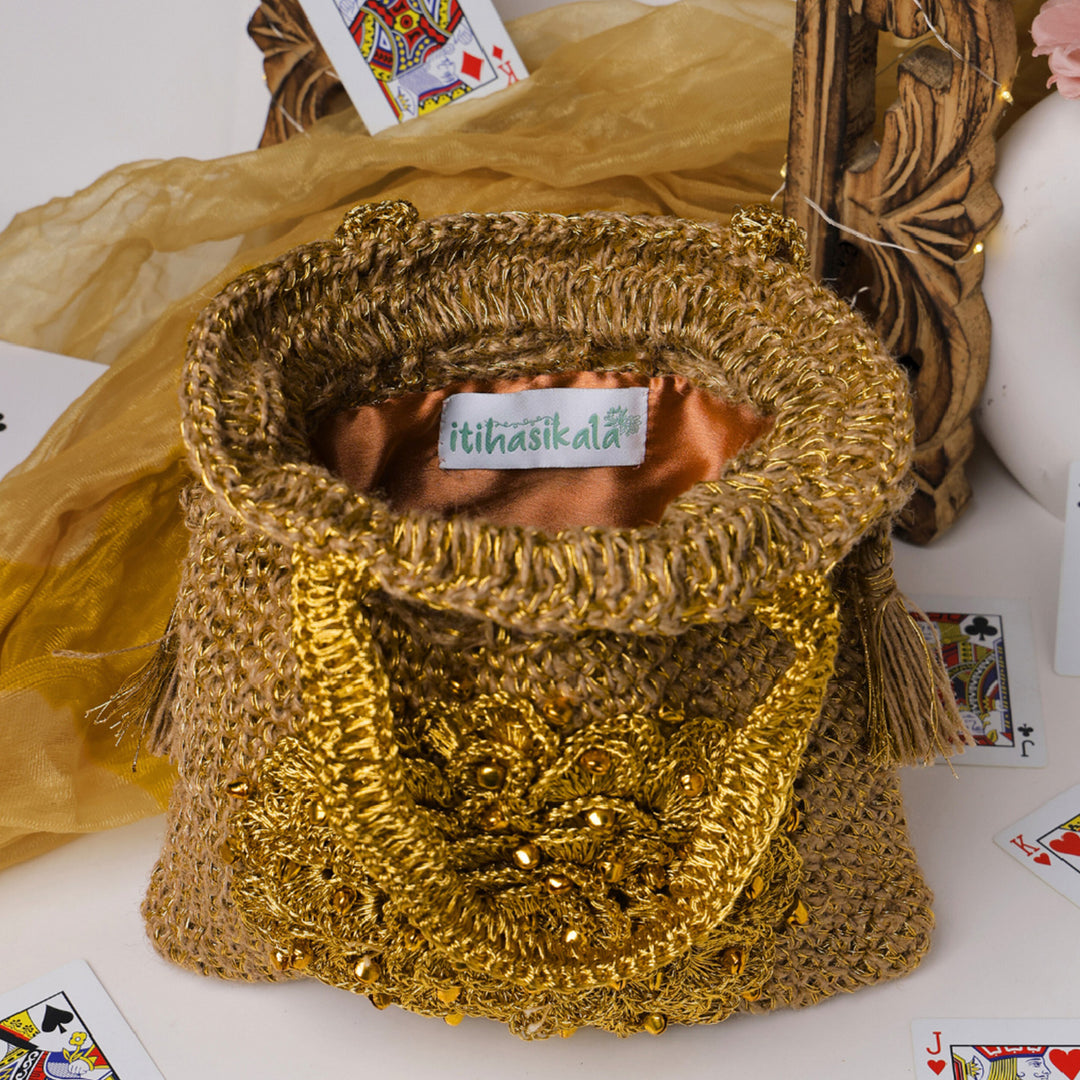 Handmade Crochet Golden Bloom Ghungroo Potli