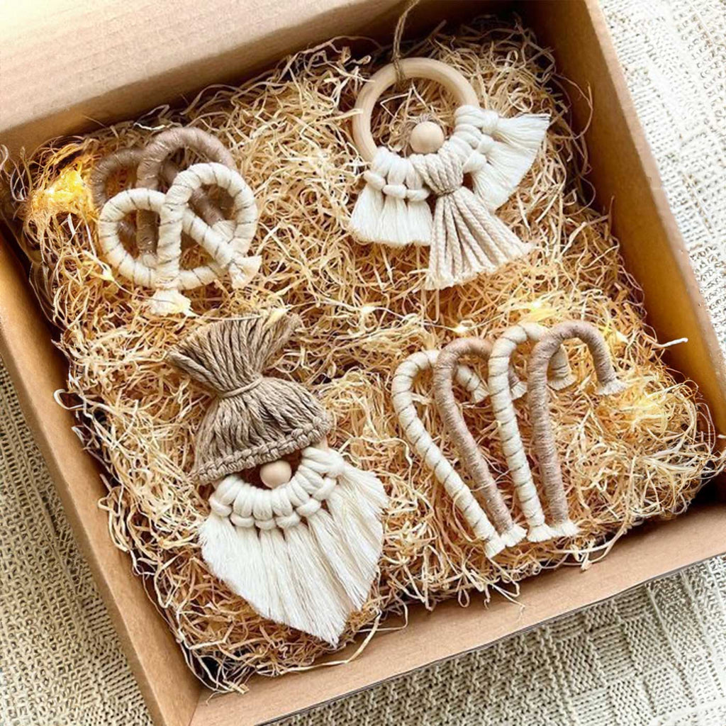 Buy Handmade Macrame Beige & White Christmas Ornaments | Set Of 8