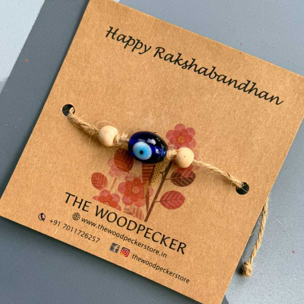 Personalized Hand Painted Evil Eye Rakhi With Roli Chawal Set Of 2 - Single Rakhi on Kraft Card
