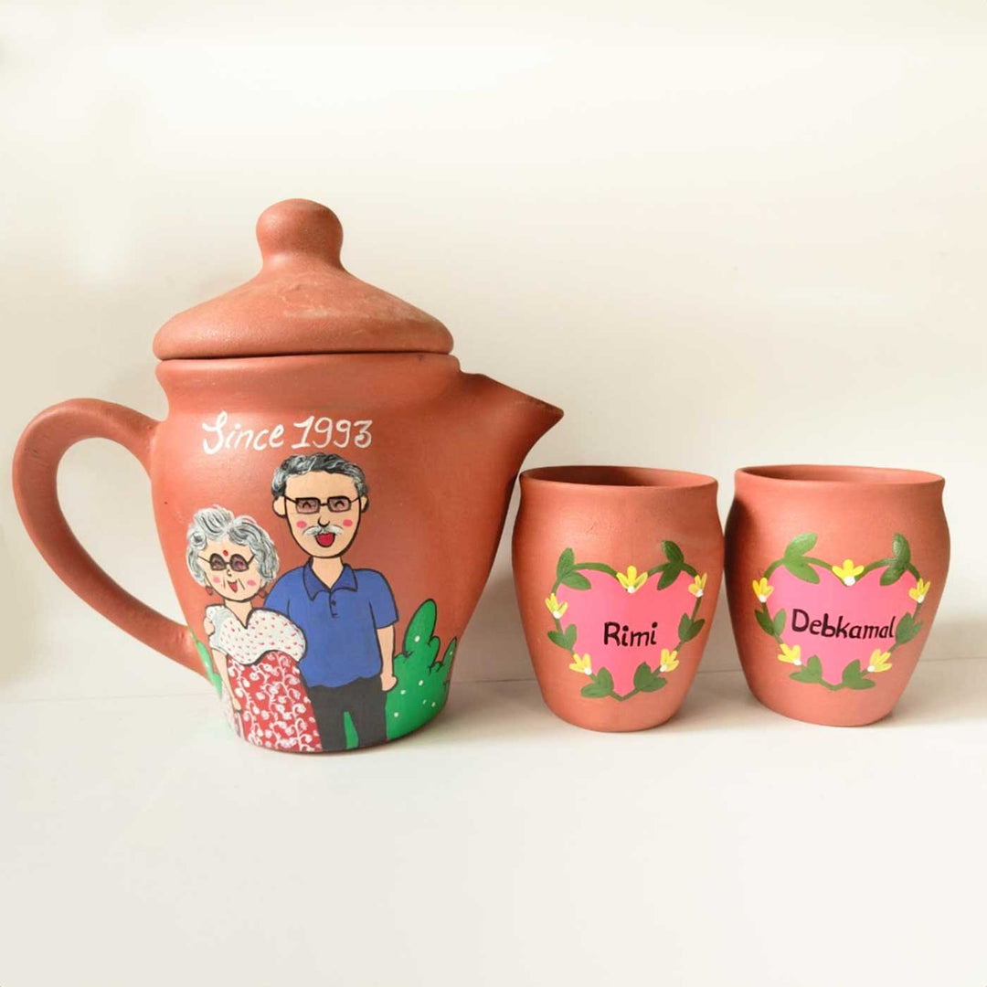 Milestone Anniversary Gift | Handpainted Clay Teaset With Photo Based Caricature