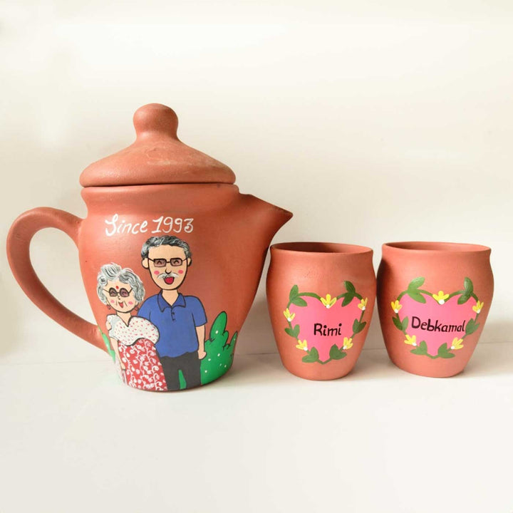 Milestone Anniversary Gift | Handpainted Clay Teaset With Photo Based Caricature