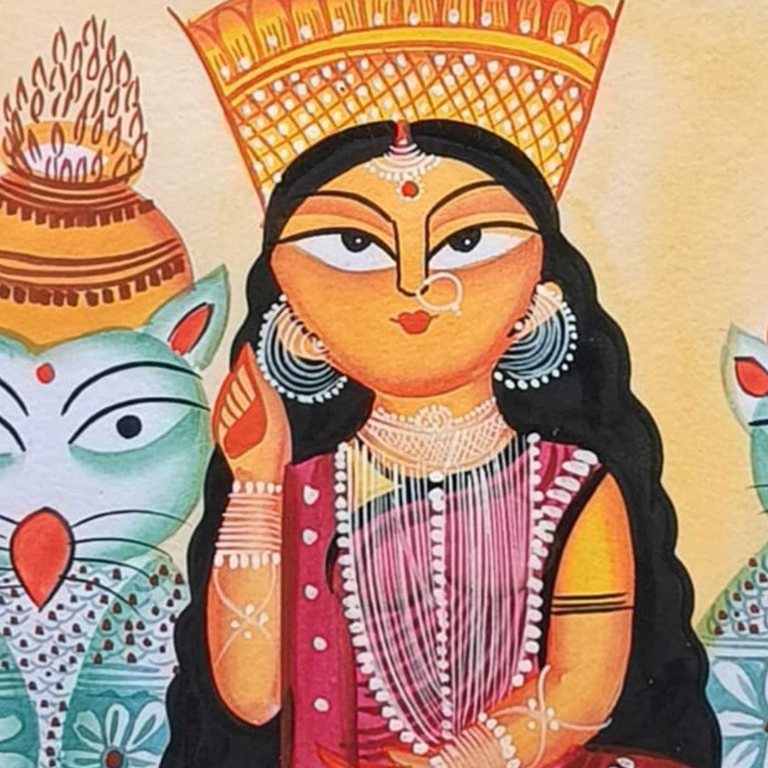 11 x 14 Inch | Lakshmi With Owls | Original Hand Painted Kalighat Painting | Natural Pigment On Paper
